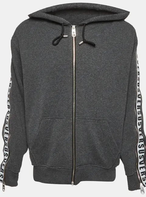 Versus Versace Grey Cotton Knit Logo Tape Zip Detail Hooded Jacket XL