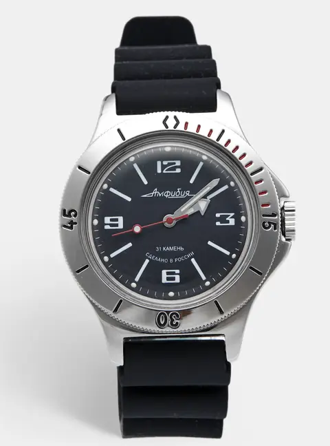 Vostok Amphibia 120509 Black Dial Stainless Steel Silicone Men's Wristwatch 42 mm