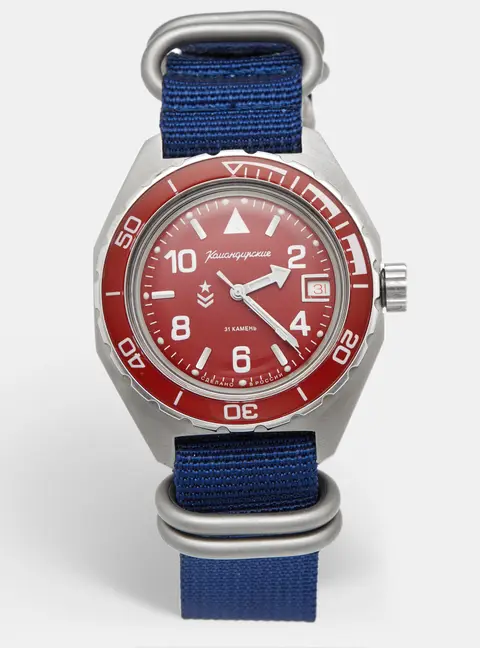 Vostok Komandirskie 650840 Red Dial Stainless Steel Fabric Men's Wristwatch 42mm