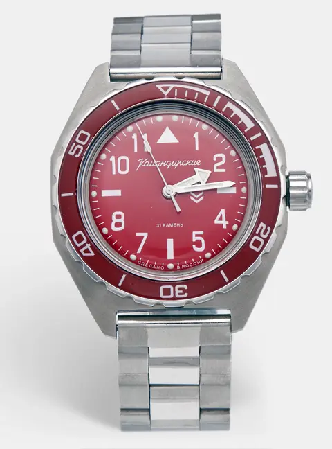 Vostok Komandirskie 650840 Red Dial Stainless Steel Men's Wristwatch 42mm