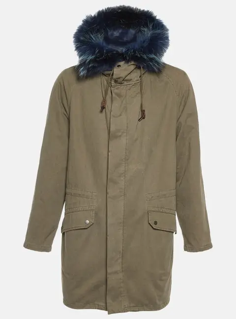 Yves Salomon X Harrods Green/Blue Fur and Gabardine Long Hooded Jacket M