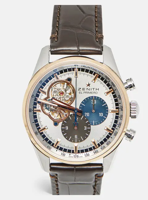 Zenith EL Primero Open 51.2080.4061/69.C494 Silver Dial 18K Rose Gold Stainless Steel Alligator Leather Men's Wristwatch 42 mm