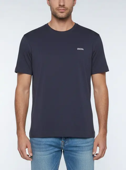 Zegna Navy Blue Logo Embroidered Jersey Crewneck T-Shirts XL