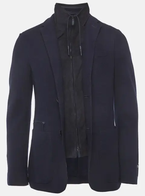 Zegna Blue Wool Blend and Suede Zip-Up Jacket S