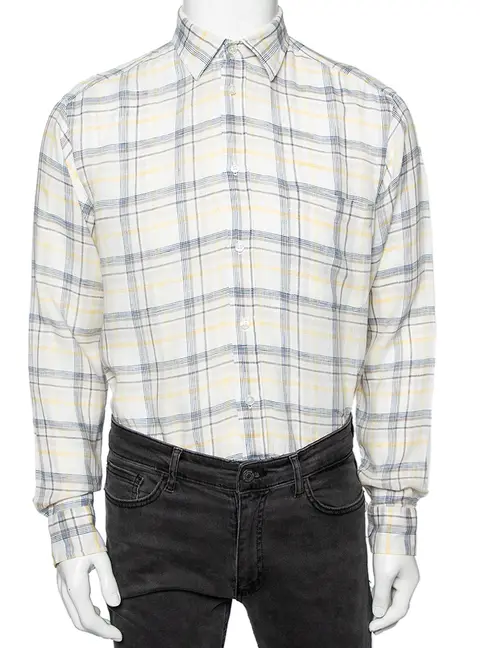 Zegna Sport Off-White Checked Linen Button Front Shirt M