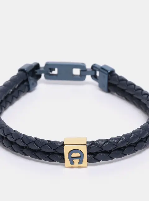 Aigner Navy Blue Leather Logo Cord Bracelet
