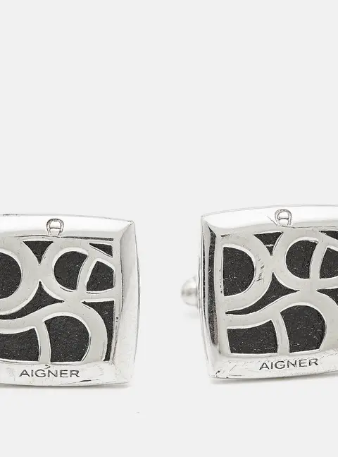 Aigner Logo Leather Silver Tone Cufflinks