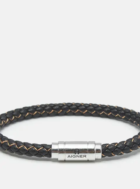 Aigner Braided Leather Silver Tone Bracelet