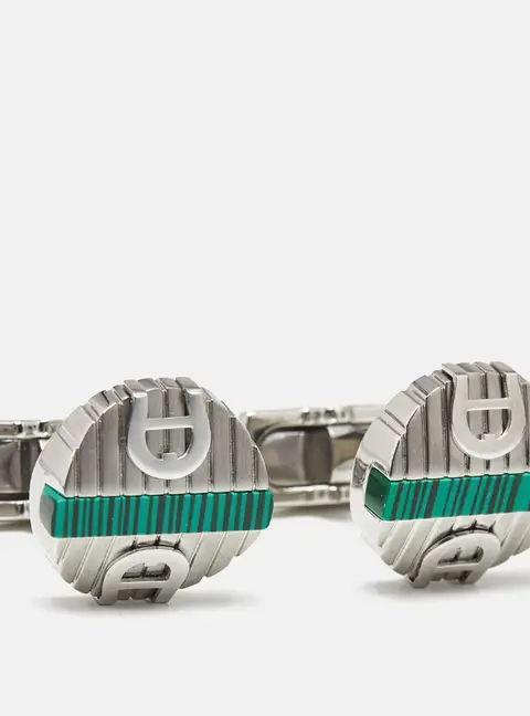 Aigner Logo Green Inlay Textured Silver Tone Round Cufflinks