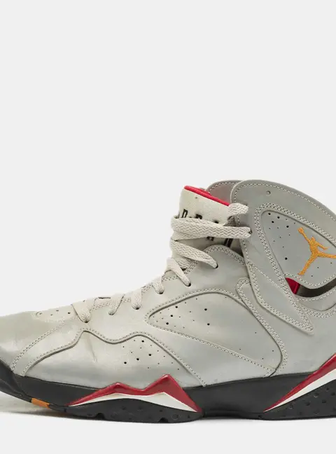 Air Jordans Silver Faux Leather Jordan 7 Retro Reflections of a Champion Sneakers Size 47.5