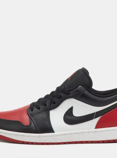 Air Jordans Black/Red Leather Jordan 1 Low Bred Toe Sneakers Size 45