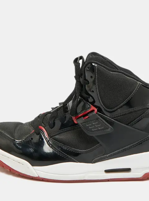 Air Jordans Flight 45 Size 41 Black Fabric and Patent Leather High Top Sneakers