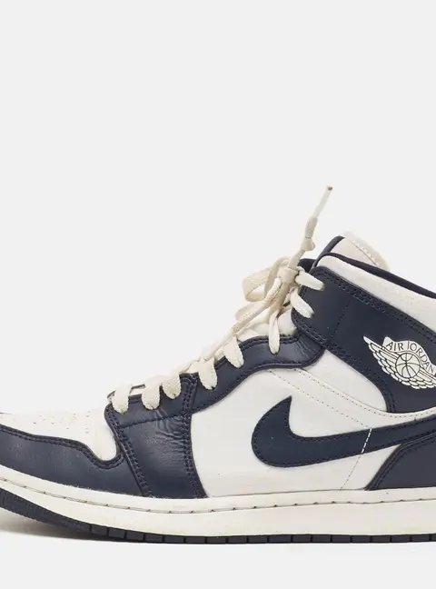 Air Jordans Jordan 1 Mid Size 42 White/Navy Blue Leather Gold Obsidian High Top Sneakers