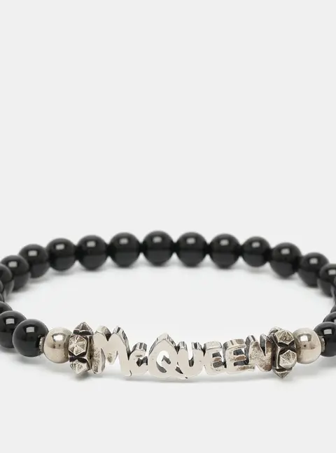 Alexander McQueen Black Silver Tone Logo Beaded Bracelet