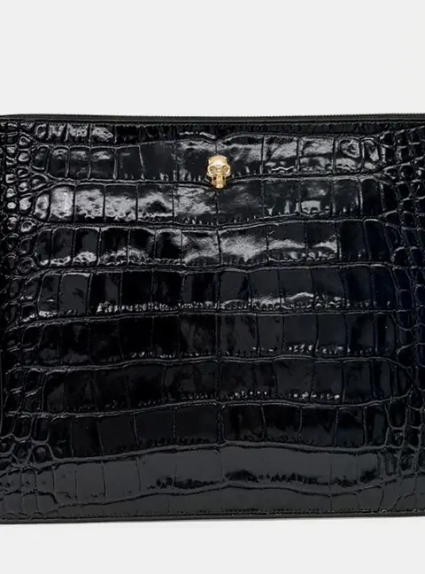 Alexander McQueen Skull Black Embossed Leather Pouch Bag