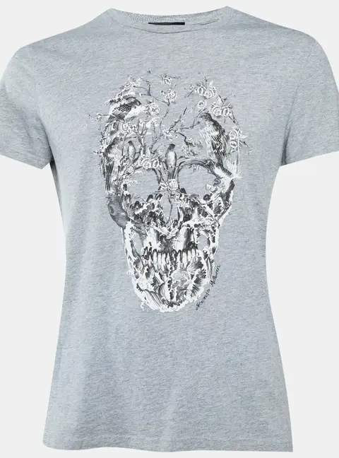 Alexander McQueen Grey Skull Print Cotton Crew Neck T-Shirt M