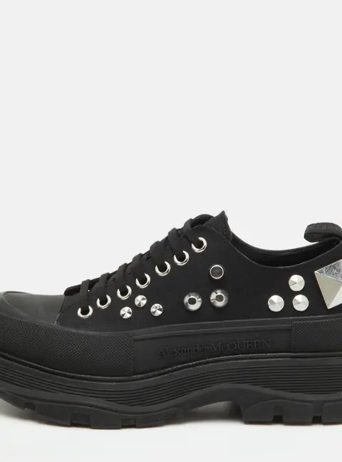 Alexander McQueen Tread Slick Size 44 Black Canvas Studded Low Top Sneakers