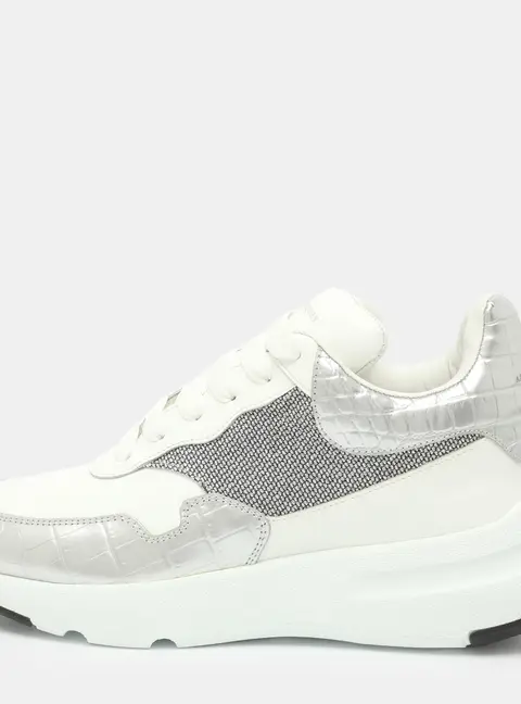 Alexander McQueen Oversized Runner Size 41 White Croc Embossed Leather and Lame Fabric and Leather Lace Up Sneakers