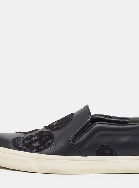Alexander McQueen Skull Size 45 Black Leather Slip On Sneakers