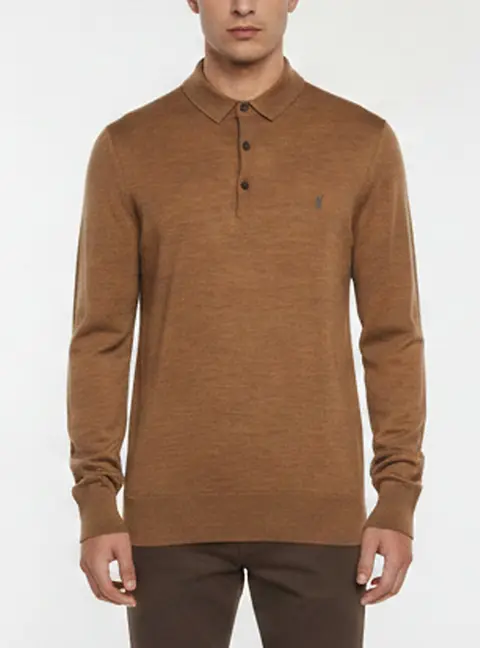 All Saints Brown Logo Embroidered Wool Knit Polo Pullover M