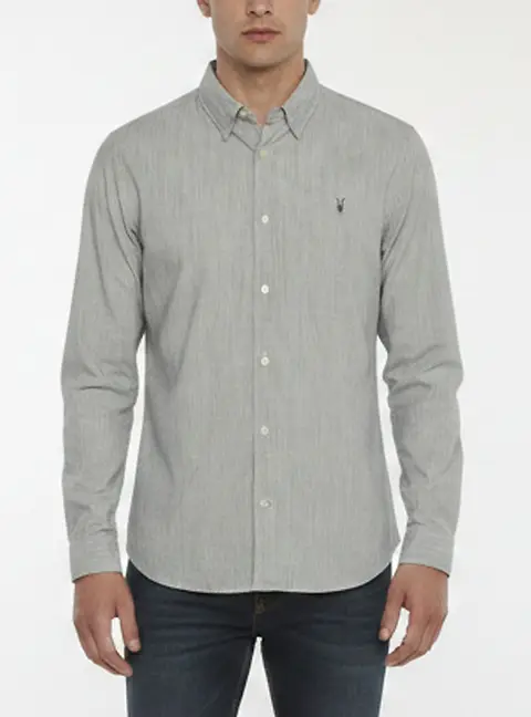 All Saints Grey Striped Logo Embroidered Cotton Bedford Shirt M