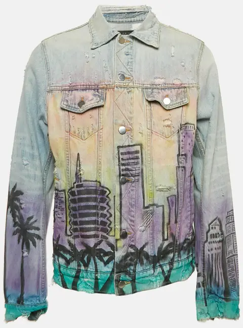 Amiri Blue Printed Denim Button Front Distressed Jacket XL