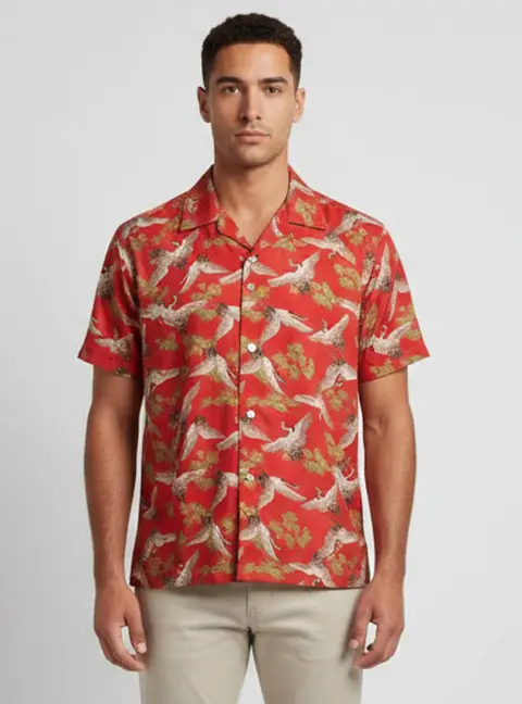Amiri Brick Red Crane Print Silk Short Sleeve Shirt S