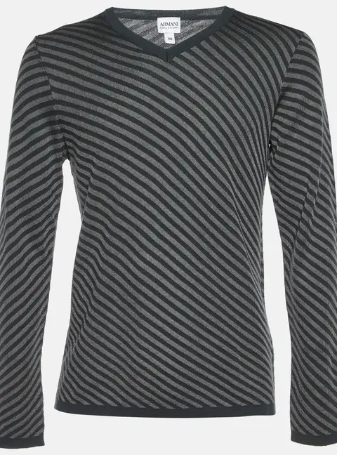 Armani Collezioni Grey Diagonal Striped Wool V-Neck Jumper L
