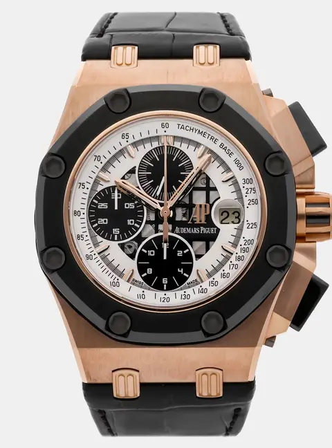 Audemars Piguet Royal Oak Offshore Rubens Barrichello Limited Edition Chronograph 26078RO.OO.D002CR.01 Black/White 18k Rose Gold Automatic Men's Wristwatch 44mm