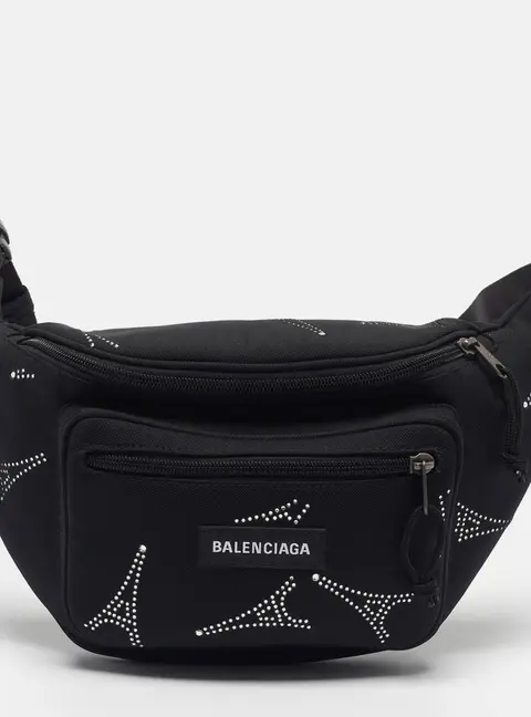 Balenciaga  Eiffel Tower Crystal Embellished Explorer Black Nylon Belt Bag