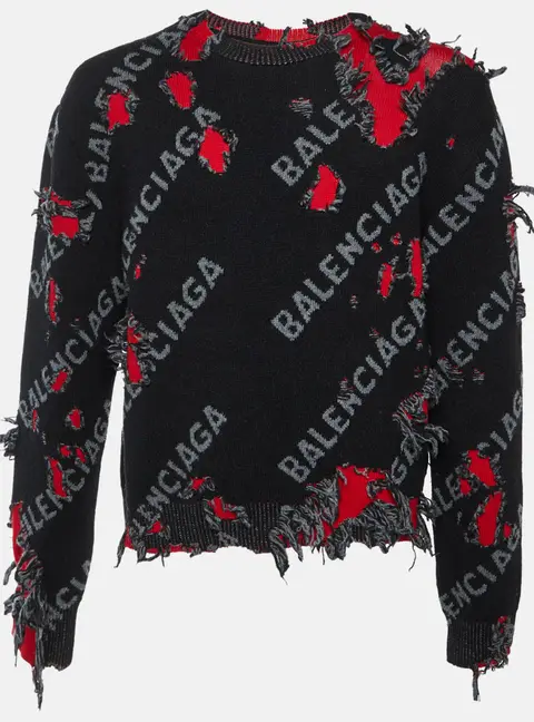 Balenciaga Unifit Black/Red Monogram Frayed Wool Knit Sweater M