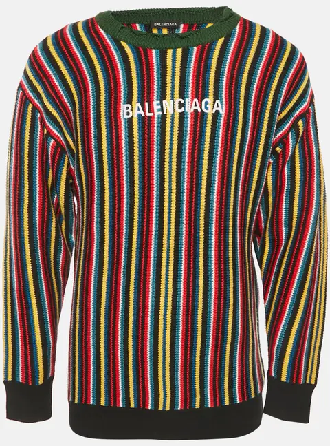 Balenciaga Multicolor Logo Intarsia Striped Wool Blend Oversized Sweater XXS