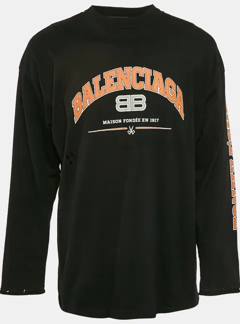 Balenciaga Black Logo Print Cotton Crew Neck Distressed Sweatshirt L