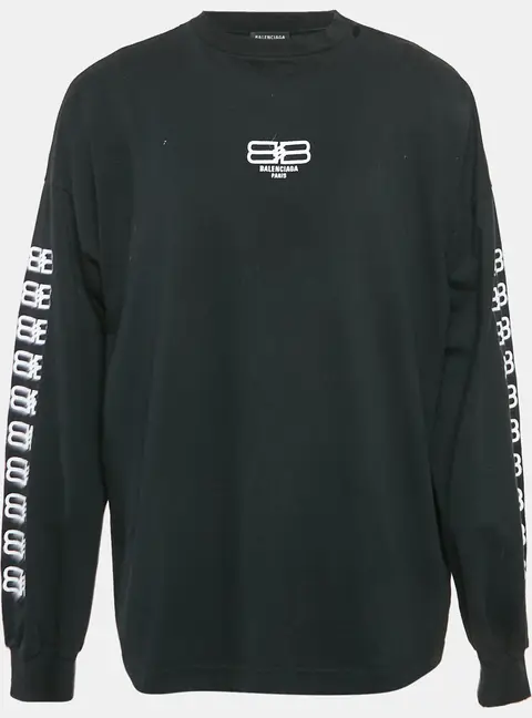 Balenciaga Black Logo Embroidered Cotton Distressed Long Sleeve T-Shirt L