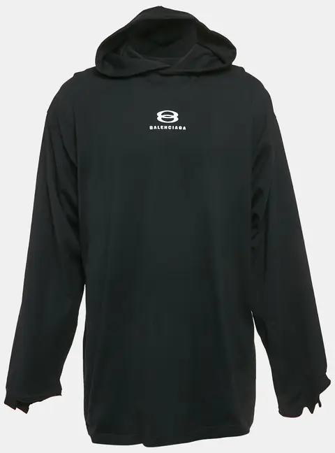 Balenciaga Black Logo Embroidery Cotton Knit Oversized Hoodie M