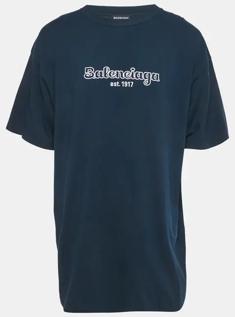 Balenciaga Navy Blue Logo Embroidered Cotton T-Shirt XS
