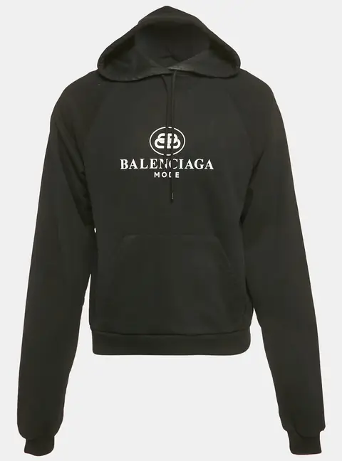 Balenciaga Black Logo Print Cotton Hoodie XS
