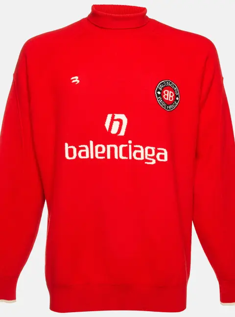 Balenciaga Red Logo Intarsia Knit Soccer Turtleneck Sweater M