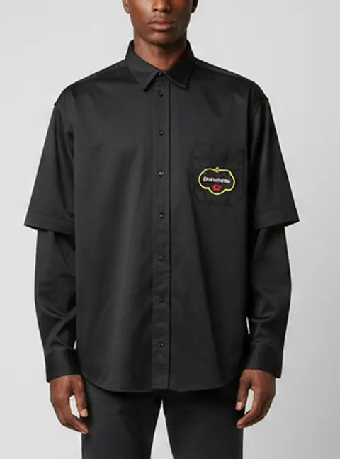 Balenciaga Black Logo Embroidered Gabardine Double Sleeve Shirt M