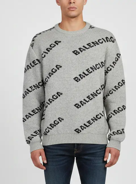 Balenciaga Grey All Over Logo Intarsia Knit Crewneck Sweater XL