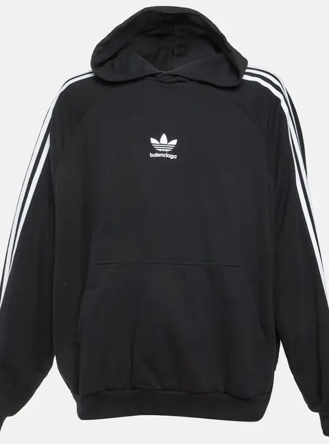 Balenciaga x Adidas Black Logo Embroidered Cotton Large-Fit Hoodie L