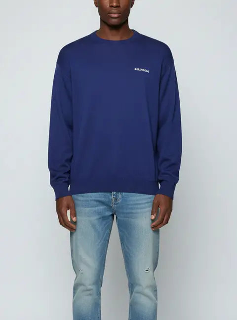 Balenciaga Blue Logo Detail Cotton Knit Crewneck Sweater XL