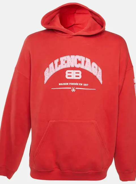 Balenciaga Unisex Red Logo Print Cotton Jersey Wide Fit Hoodie S