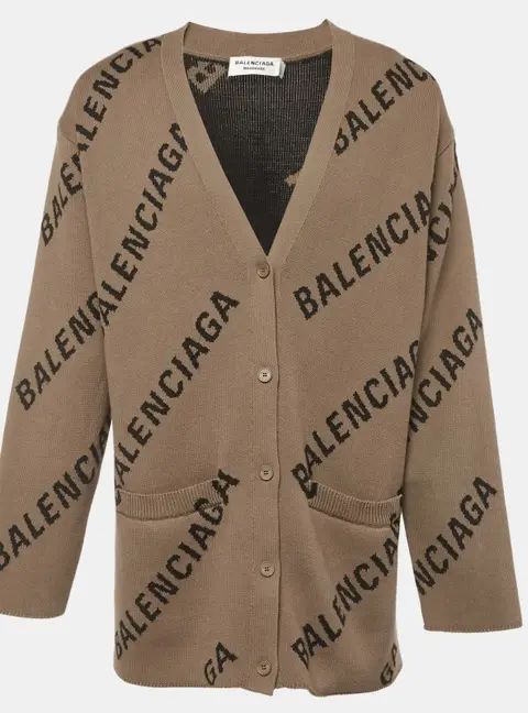 Balenciaga Brown Logo Intarsia Knit Oversized Cardigan M