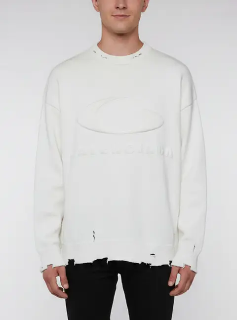 Balenciaga Unisex White Logo Embossed Distressed Knit Crewneck Sweater L