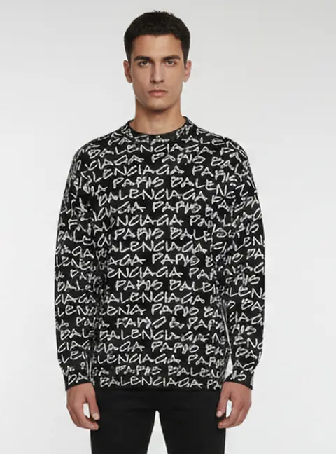 Balenciaga All-Over Logo Print Wool Intarsia Knit Crewneck Sweater S