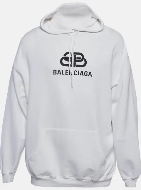 Balenciaga White Logo Print Cotton Oversized Hoodie S