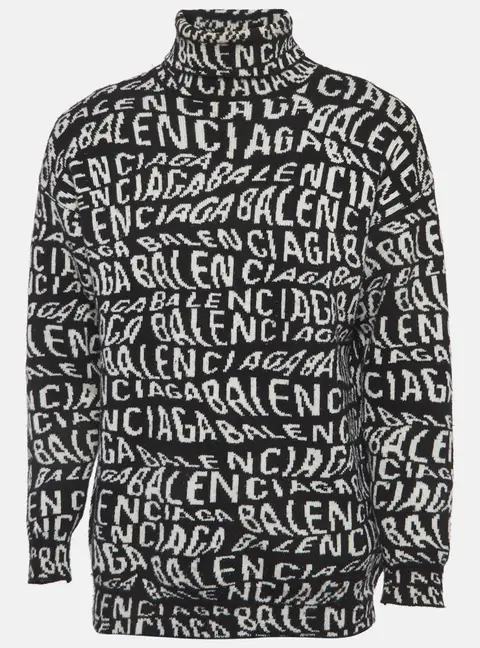 Balenciaga Black/White Logo Wave Knit Turtleneck Sweater XS