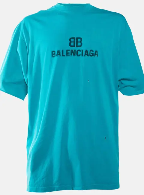 Balenciaga Unifit Blue Logo Print Jersey Ripped Oversized T-Shirt S