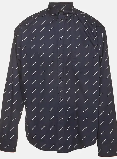 Balenciaga Blue Logo All Over Cotton Oversized Shirt S